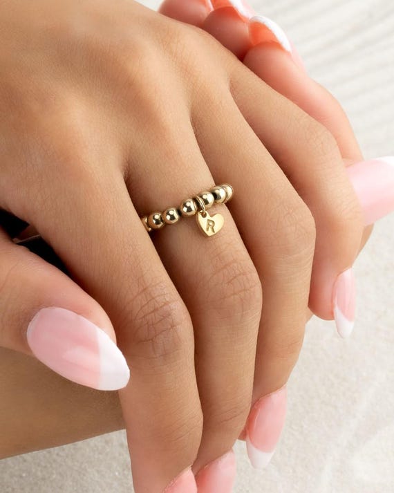 ENGRAVED HEART CHARM ring • beaded initial charm • valentines day gift • adjustable stretch • personalized birthday gift • water resistant