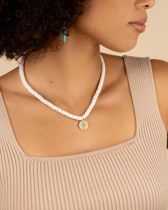 WHITE SEASHELL BEADED necklace with Evil Eye charm • Heishi Hawaiian pendant necklace • summer wedding jewelry water resistant • NEBH3PCADp