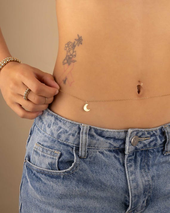 MOON CHARM BELLY chain • personalized charm body chain • bikini body jewelry • water resistant beach lover gift crescent celestial BCCC3CHAO