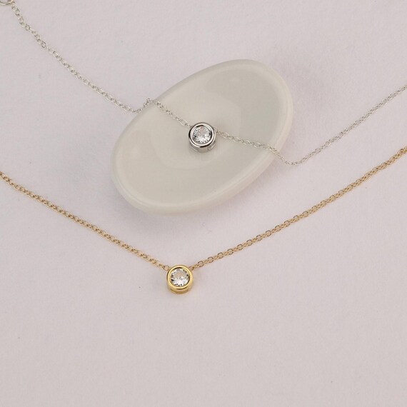 Gold Solitaire Pendant Gold Diamond CZ Layering Necklace Bridal Jewelry Crystal Choker Round Brilliant Cut Diamond CZ Bezel Set Mothers Day