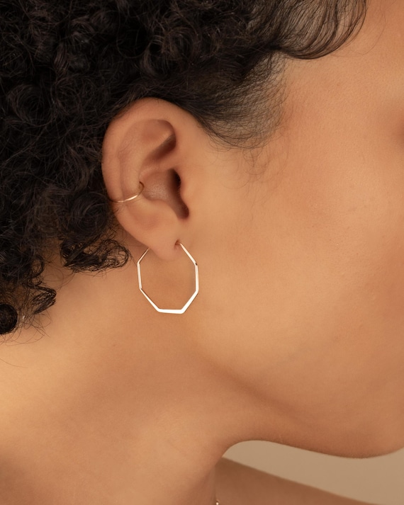 SILVER HEXAGON EARRINGS • delicate geometric dangle earrings • rose gold hoops • anniversary birthday gift • nickel free jewelry • EAHL1AE