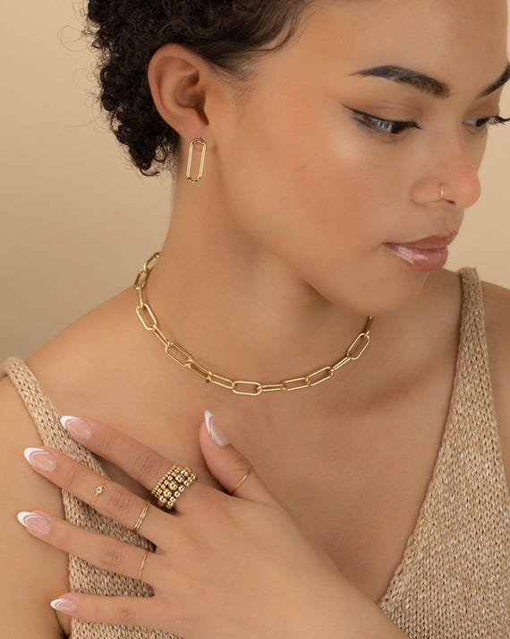 Gold PAPERCLIP Chain Necklace Chunky Large Link Chain Layering Choker Bride Wife Girlfriend Mom Daughter Sister Aunt Birthday Mothers Day
