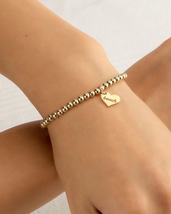 ENGRAVED HEART CHARM beaded bracelet • personalized • bridal jewelry • gold, silver or rose gold • water resistant •