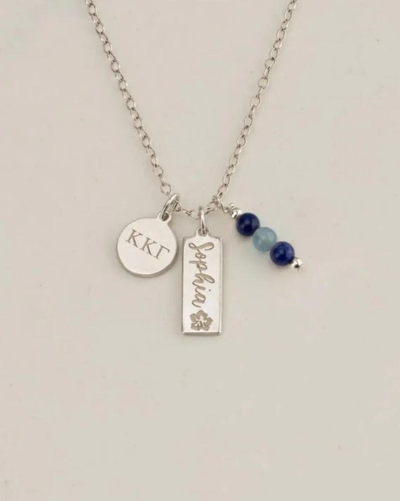 SORORITY CHARM necklace • personalized engraved pendant • genuine gemstones  • tag pendant • recruitment bid day initiation senior gift
