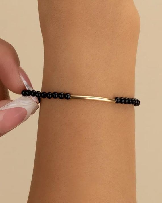 ONYX BAR BRACELET • 3mm genuine black onyx healing stone • beaded gemstone bracelet • stackable stretch • water resistant