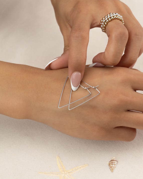 SILVER HOOPS TRIANGLE earrings • delicate geometric dangle earrings • silver gold hoops • anniversary birthday gift • nickel free • EAHL1AZ