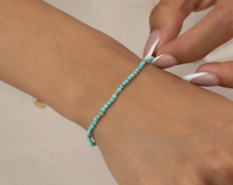 Tiny Turquoise Bracelet Beaded Bracelets Stretch Ankle Bracelet Bohemian Handmade Jewelry 2mm Genuine Turquoise Anklet Beach Wedding