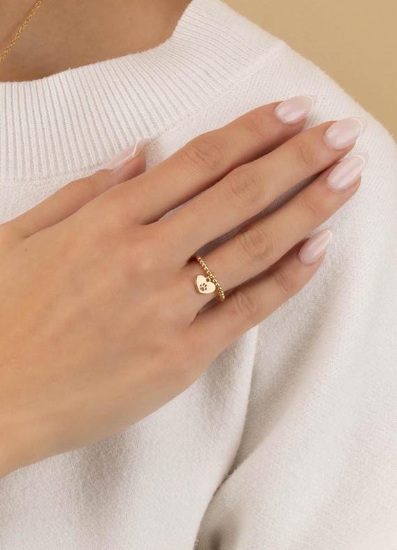 PAW PRINT HEART charm beaded ring • dainty ring • dog mom cat lover • pet memorial gift • stackable stretch water resistant • RIBP3MCAT