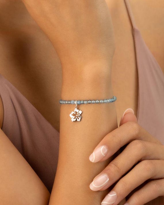 AQUAMARINE CHARM BRACELET • personalized charm • march birthstone • pisces aries • dainty bracelet gift • stretch water resistant BRBS3CHAGp