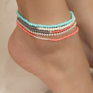 Beaded Stretch Anklet Bridesmaid CORAL Ankle Bracelet Boho Weddings Beach Lover Stack Bracelets Friendship Anklet Summer Jewelry Mothers Day image 3