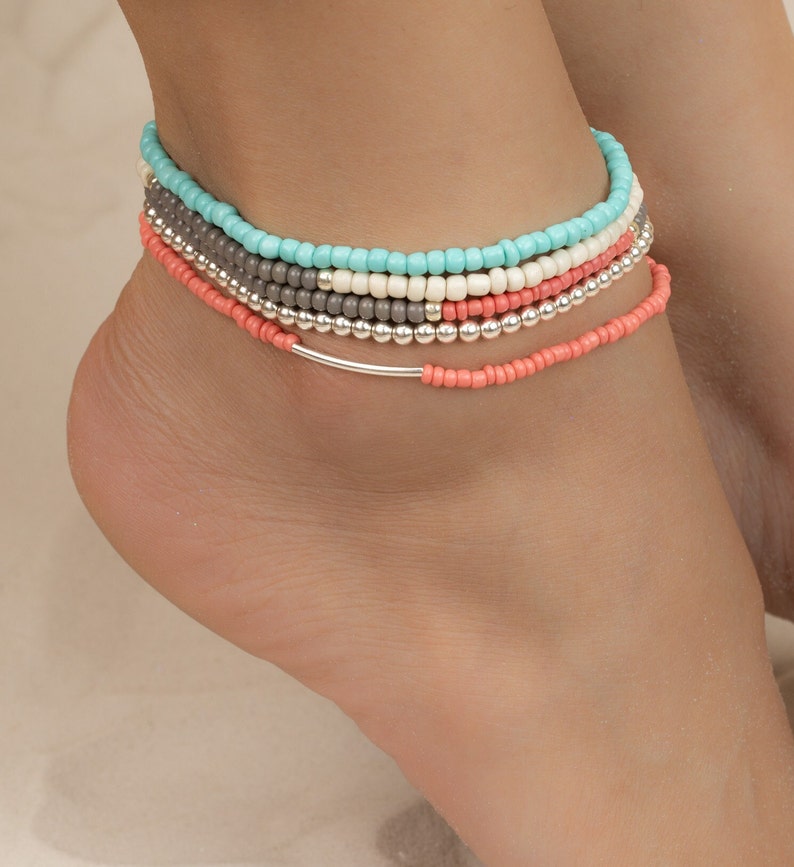 Beaded Stretch Anklet Bridesmaid CORAL Ankle Bracelet Boho Weddings Beach Lover Stack Bracelets Friendship Anklet Summer Jewelry Mothers Day image 3