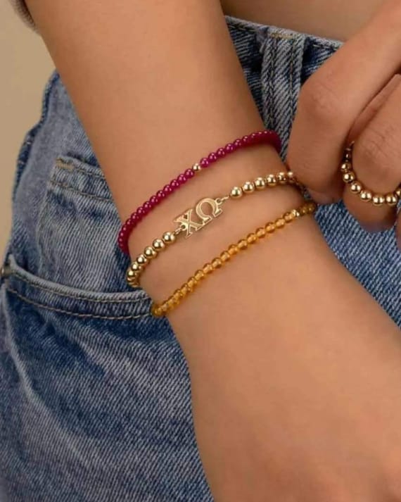 CHI OMEGA beaded bracelet set • set of 3 • red and gold bracelet stack • sorority merch • initiation gift • big lil gbig gift• senior gifts