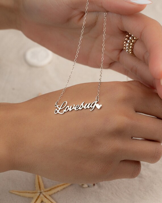 LOVEBUG NAME necklace • love jewelry • personalized gifts • wife bride girlfriend anniversary gift • water resistant