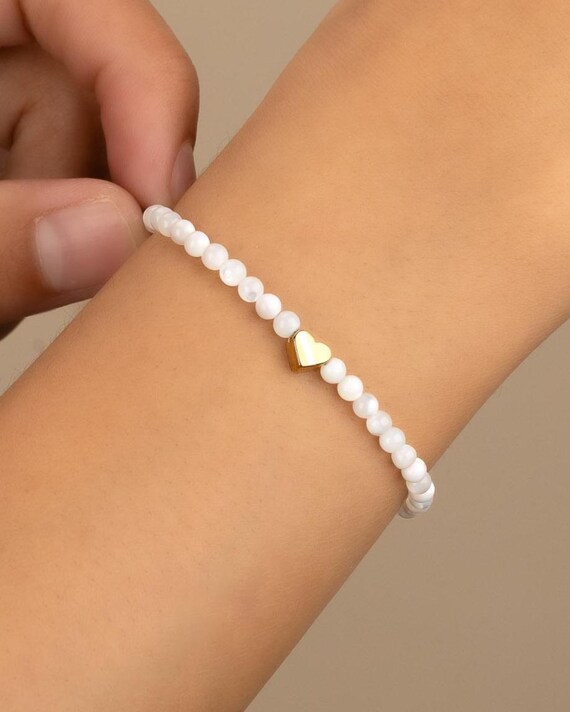 MOTHER of PEARL HEART beaded bracelet • tiny heart • Sterling silver • gold filled • bridal jewelry • water resistant •