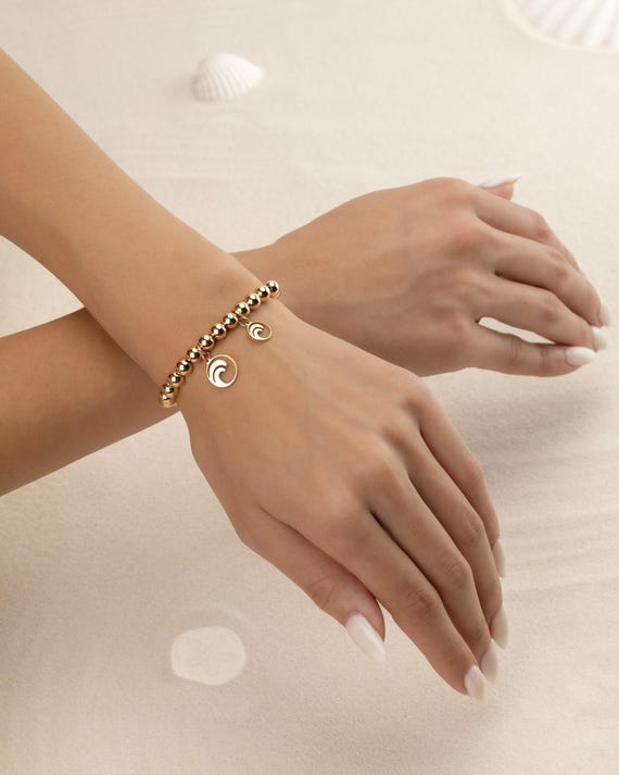 WAVE CHARM BEADED bracelet • gift for her • ocean inspired beach lover stackable dainty bracelet • stretch water resistant • BRBP3CHAG