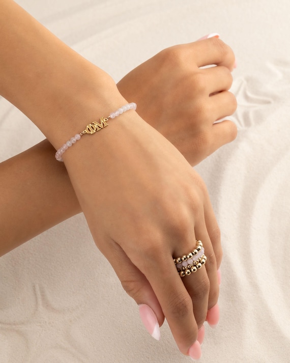 SORORITY bracelet • ROSE QUARTZ personalized greek letters • phi mu • delta gamma • delta zeta  •  bid day initiation gift sorority merch