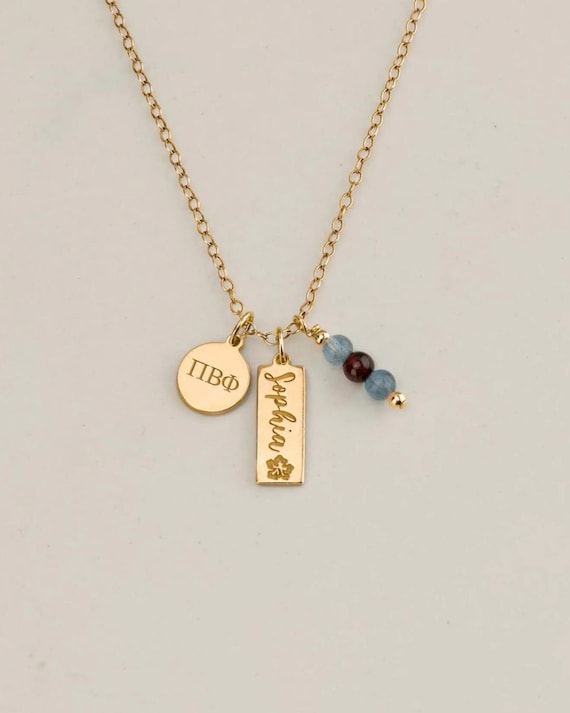 SORORITY CHARM necklace • personalized engraved pendant • genuine gemstones  • tag pendant • recruitment bid day initiation senior gift