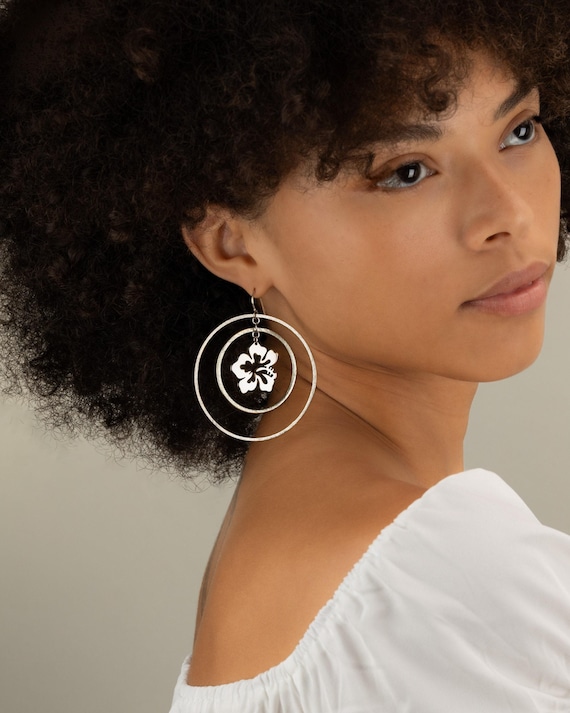 HIBISCUS EARRINGS • dangle earrings • silver gold hoops • Hawaiian beach tropical hoops • anniversary birthday gift • nickel free • EALC3AB