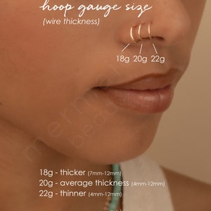 May include: Three gold nose hoops of different sizes, labeled 18g, 20g, and 22g. The text below the hoops reads 'hoop gauge size (wire thickness)' and '18g - thicker (7mm-12mm), 20g - average thickness (4mm-12mm), 22g - thinner (4mm-12mm).' The text at the bottom reads 'mermaid beads'.
