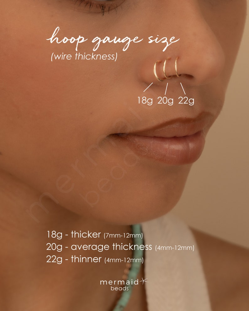 May include: Three gold nose hoops of different sizes, labeled 18g, 20g, and 22g. The text below the hoops reads 'hoop gauge size (wire thickness)' and '18g - thicker (7mm-12mm), 20g - average thickness (4mm-12mm), 22g - thinner (4mm-12mm).' The text at the bottom reads 'mermaid beads'.