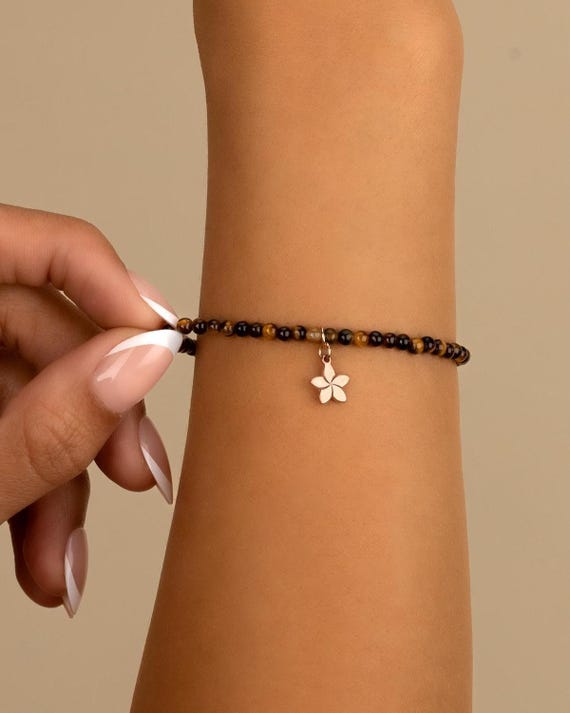 TIGER EYE BRACELET • personalized charm jewelry • stretch beaded bracelet • perfect gift for her  genuine gemstone • water resistant