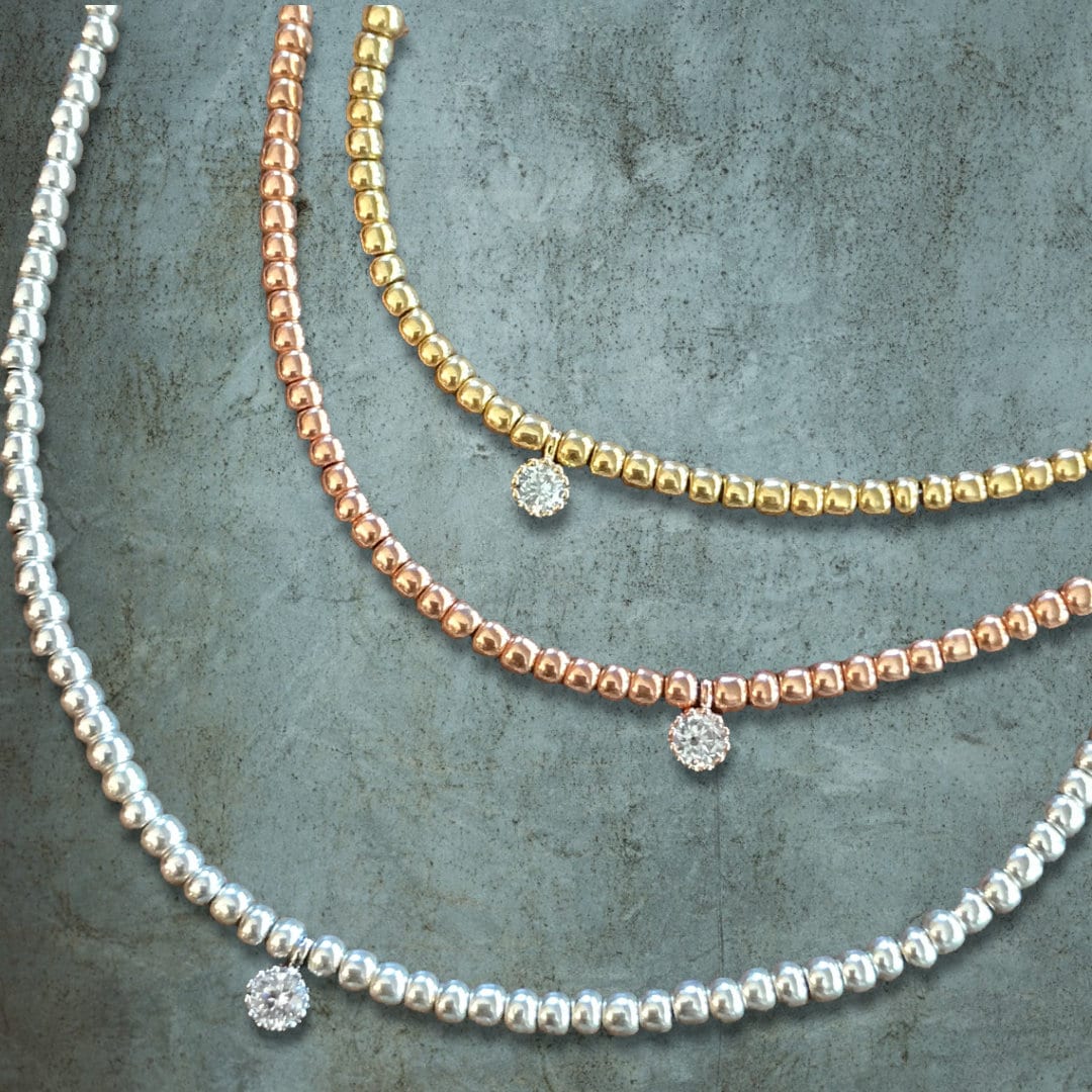 Gold Beaded Choker Necklace Diamond CZ 