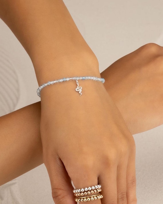 AQUAMARINE CHARM BRACELET • personalized charm • march birthstone • Pisces Aries • dainty bracelet • stretch water resistant • BRBS3CHAHp