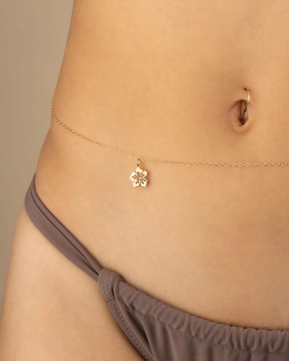 HIBISCUS CHARM BELLY chain • personalized body chain • beach bikini body jewelry • water resistant waist chain • Hawaiian flower BCCC3CHBE