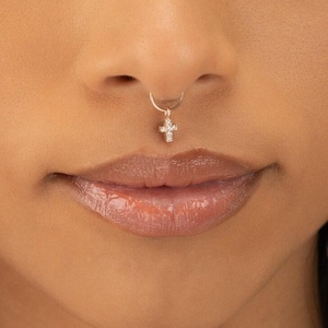 CROSS SEPTUM RING • charm hoop with diamond cz • dainty jewelry • twist hoops • gold, silver and rose