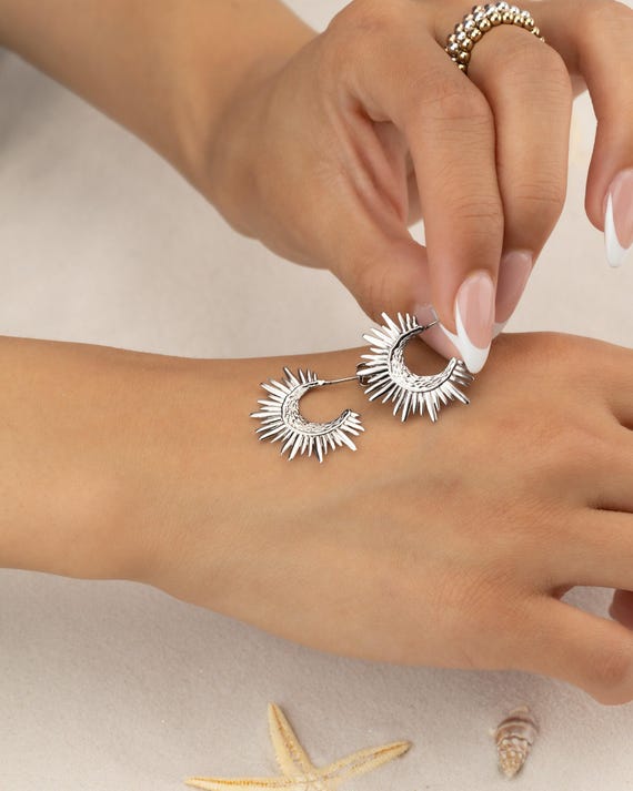 SILVER SUN EARRINGS • delicate dangle earrings • sol starburst • gold hoops • anniversary birthday gift • nickel free jewelry • EAHL1AV