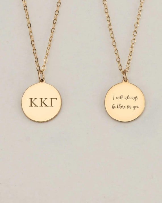 SORORITY ENGRAVED round charm pendant necklace • personalized front and back • greek letters, name, date, personal message • initiation gift