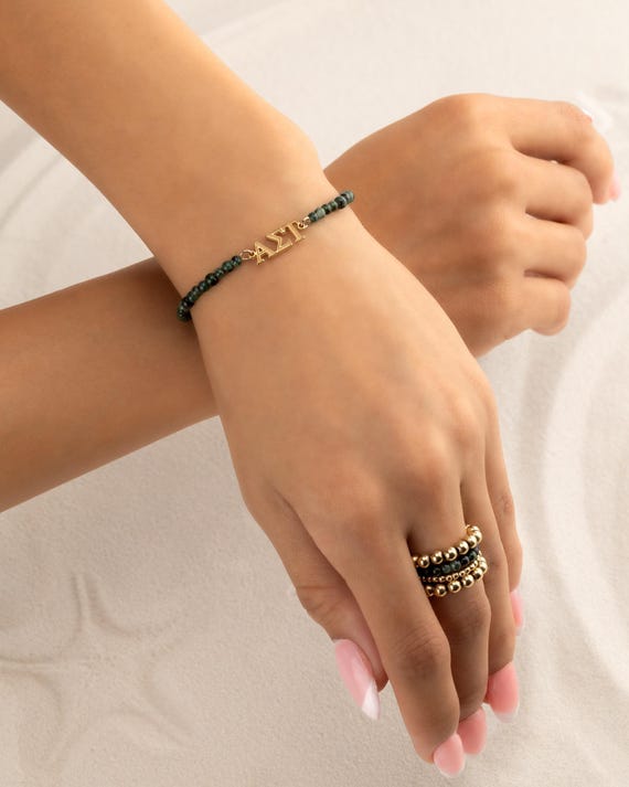 SORORITY bracelet • EMERALD personalized greek letters • alpha sigma tau • alpha chi omega • alpha epsilon phi  •  kappa delta • delta zeta