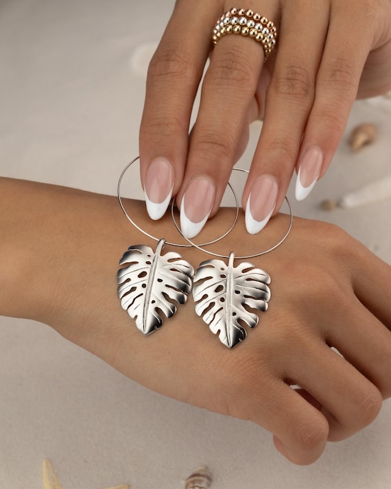 SILVER MONSTERA EARRINGS • dangle earrings • gold hoops • beach tropical palm drop hoops • anniversary birthday gift • nickel free • EAHL1AO