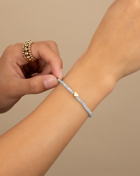 AQUAMARINE HEART beaded bracelet • tiny heart bracelet • genuine gemstone • Sterling silver gold filled • stretch water resistant BRBS2BDAE