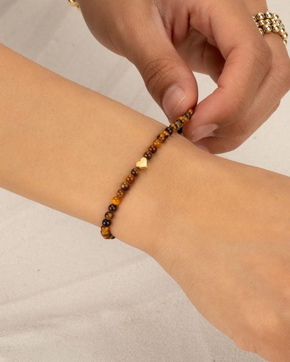 TIGER EYE HEART beaded bracelet • waterproof • genuine gemstone • 14k gold filled or sterling silver • stretch • anniversary gift