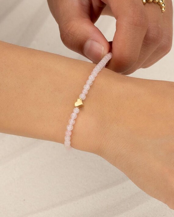 ROSE QUARTZ HEART beaded bracelet • waterproof • genuine gemstone • 14k gold filled or sterling silver • stretch • anniversary gift
