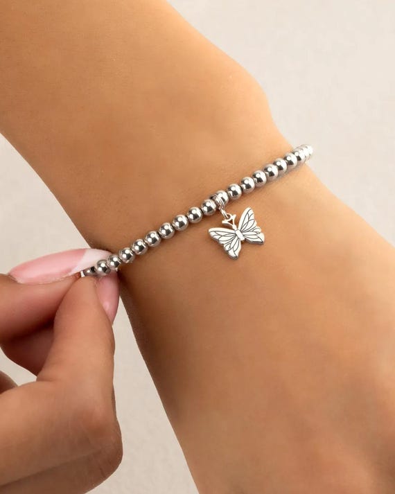 BUTTERFLY CHARM beaded bracelet • gold, rose or sterling silver • animal lover jewelry • stackable stretch  • water resistant
