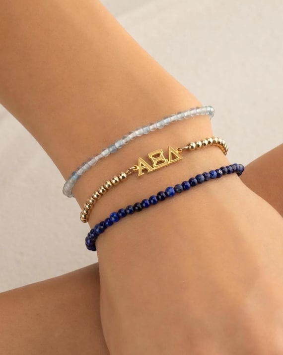 ALPHA XI DELTA beaded bracelet set • set of 3 • double blue and gold bracelet stack • sorority merch • initiation big lil gift• senior gifts