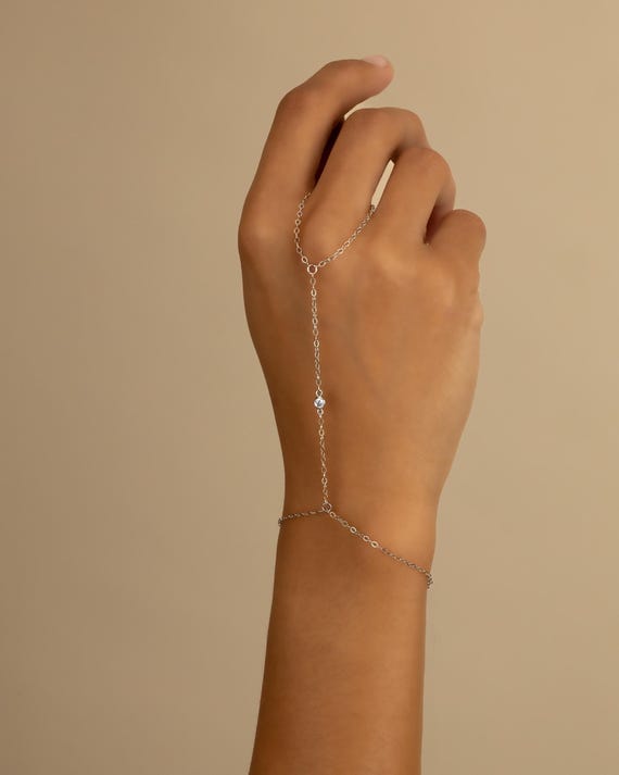 STERLING SILVER CZ hand chain • simple dainty chain finger bracelet • gold sterling silver or rose gold water resistant BRCH2HCCH2AG