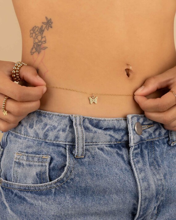 BUTTERFLY CHARM BELLY chain • personalized body chain • bikini body jewelry • butterfly summer waist chain • water resistant • BCCC3CHAJ