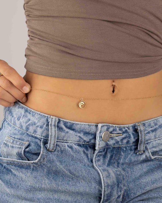 WAVE CHARM BELLY chain • personalized charm body chain • bikini body jewelry • water resistant • gold sterling silver rose gold • BCCC3APp