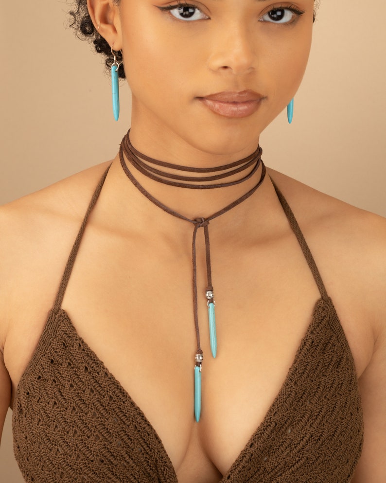 LEATHER TURQUOISE Choker Necklace Vegan Suede Jewelry Western Beach Coastal Cowgirl Boho Spike Bolo Lariat Wrap Concert Jewelry Mothers Day image 2