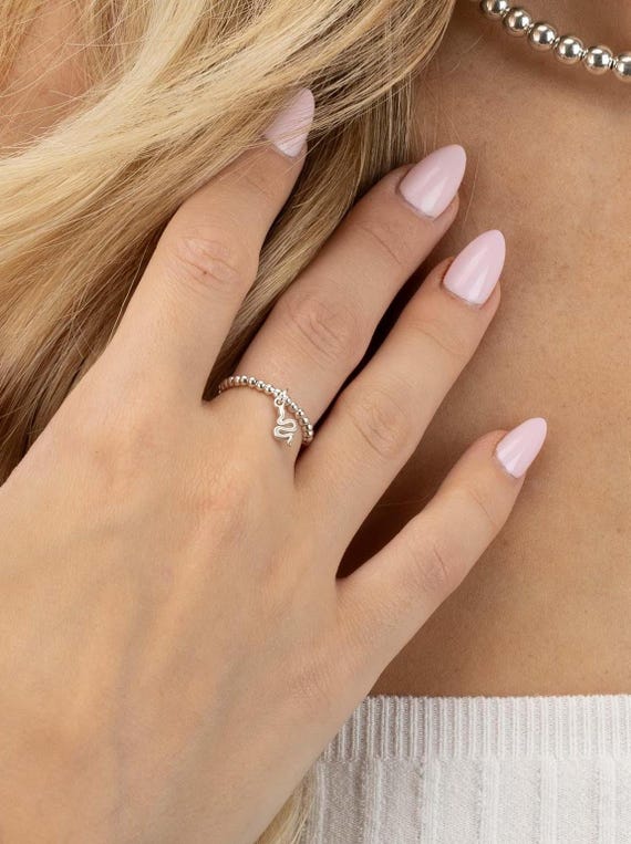 SNAKE CHARM BEADED ring • dainty friendship ring for her • dangle charm • adjustable stackable stretch water resistant • RIBP3MCAZ