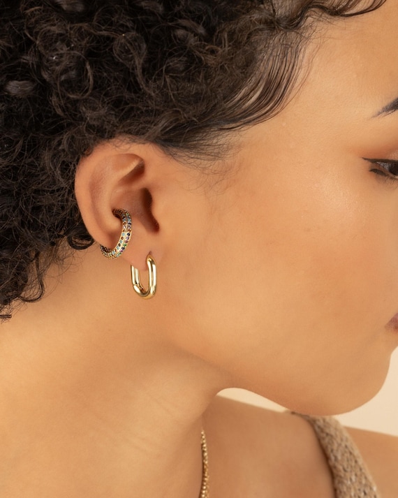 THICK HUGGIE EARRINGS oval • perfect gift for her • silver gold hoop earrings • clicker minimalist • nickel free water resistant • EAHU1AB