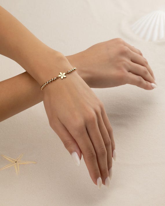 PLUMERIA FLOWER CHARM beaded bracelet • gift for her • Hawaiian jewelry • stackable dainty bracelet • stretch water resistant • BRBP3CH2BG