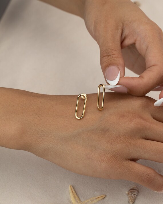 Gold Earrings Paperclip Chain Oval Minimalist Hoop Earrings Rectangle  Silver Earring Unique Gift For Her Pierced Hoop Summer Jewelry