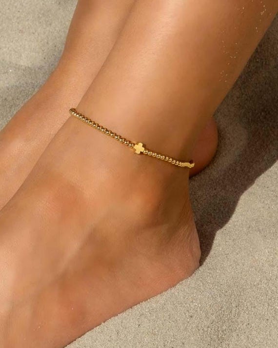 14k GOLD FILLED CROSS beaded anklet or bracelet • waterproof • tarnish free • stackable stretch