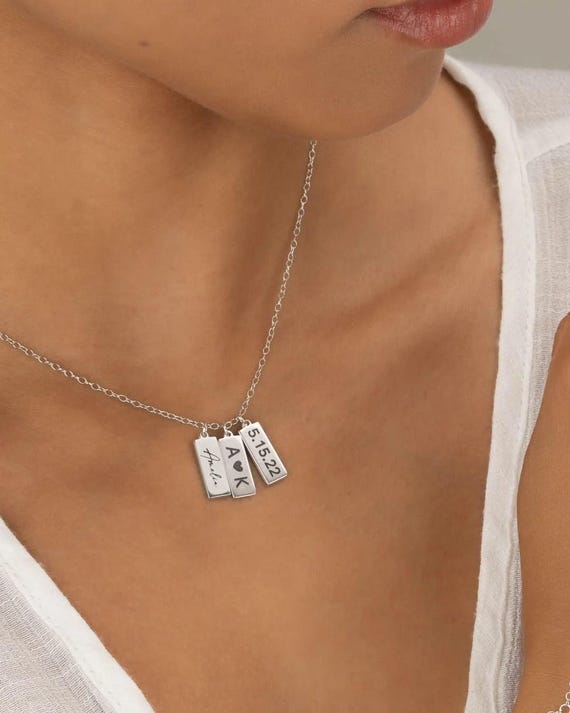 ENGRAVED TAG CHARM pendant necklace • personalized multi charms • name, date, symbol • dainty dog tag bar • gold, rose or sterling silver