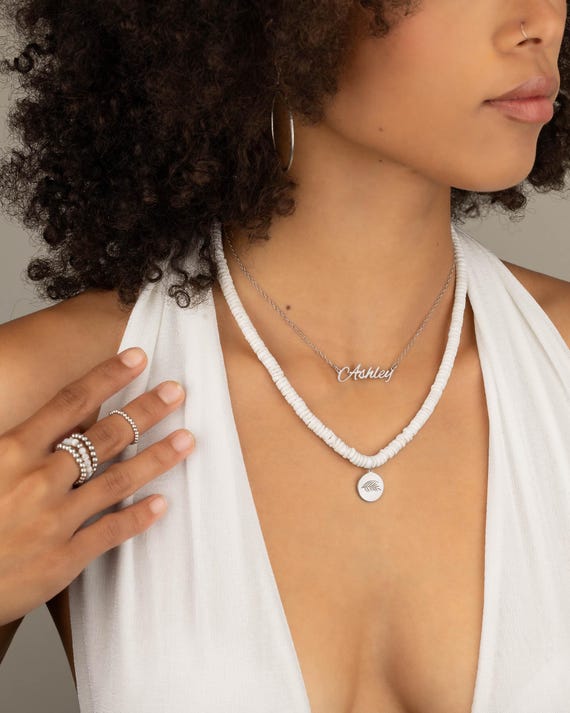 WHITE SEASHELL BEADED necklace with Palm Leaf charm • Heishi Hawaiian pendant necklace • wedding jewelry water resistant • NEBH3PALp