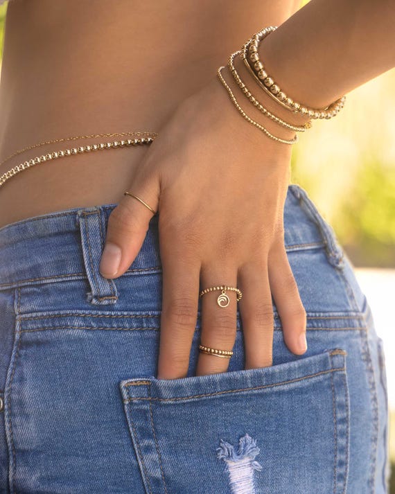 WAVE CHARM BEADED ring • dainty friendship ring for her • ocean wave dangle charm • stackable stretch water resistant • adjustable RIBP3MCAR